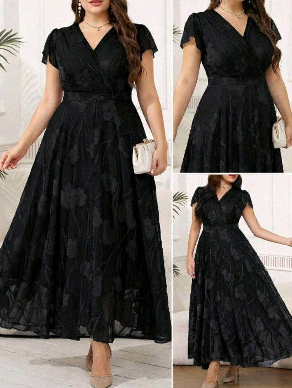 Elegant Black Floral V-Neck Maxi Dress